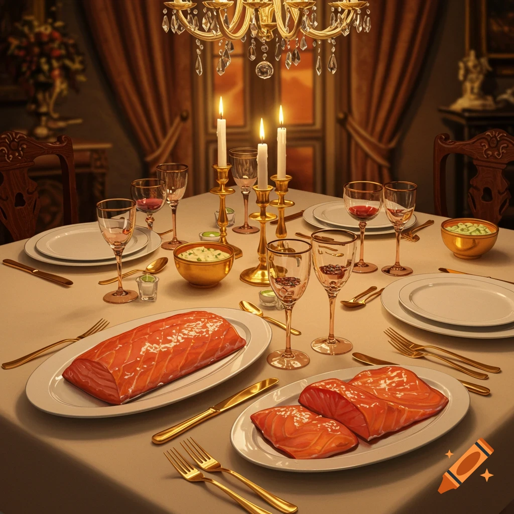 A lavishly set dinner table with lit candles, golden cutlery, wine glasses, and platters of cooked salmon, against a blurred elegant background.