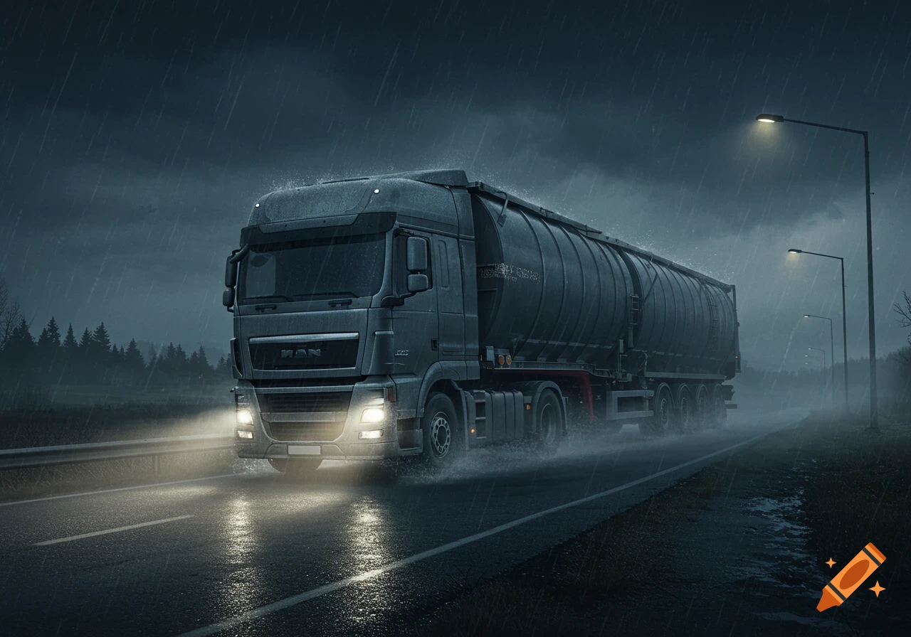 A large dark grey tanker truck drives on a wet road at night in heavy rain, illuminated by its headlights and streetlights.