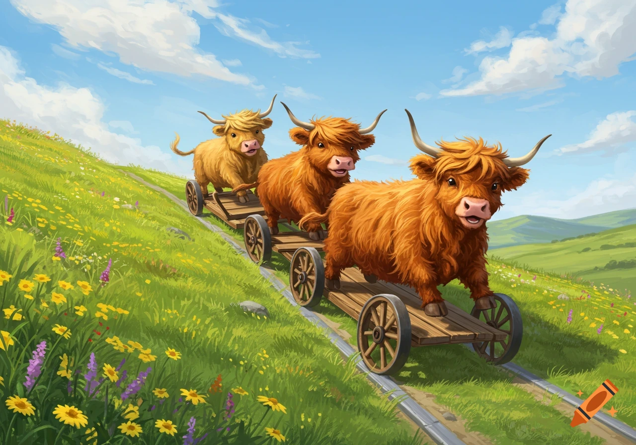 Three whimsical Scottish Highland cows ride wooden carts down a vibrant green, wildflower-filled hill under a blue sky.