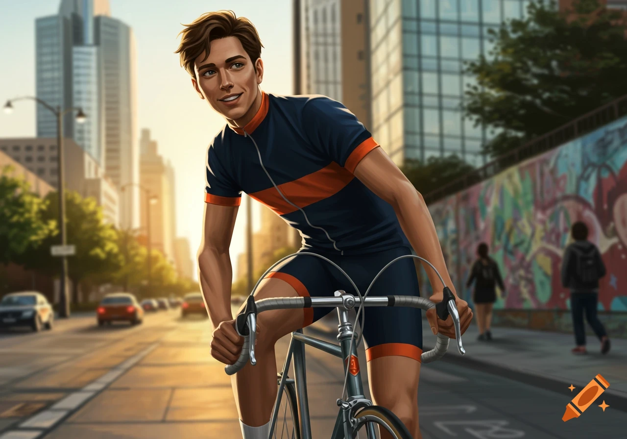 Illustrated young man in a blue and orange cycling outfit on a bike, smiling and looking back on a city street.