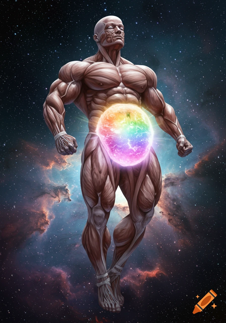 Muscular, anatomical figure with a glowing rainbow orb belly floating in a starry nebula space.