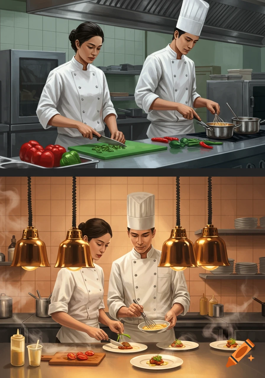 A two-panel illustration of two chefs in a professional kitchen. The upper panel shows them chopping vegetables and stirring a pot. The lower panel shows them plating dishes.