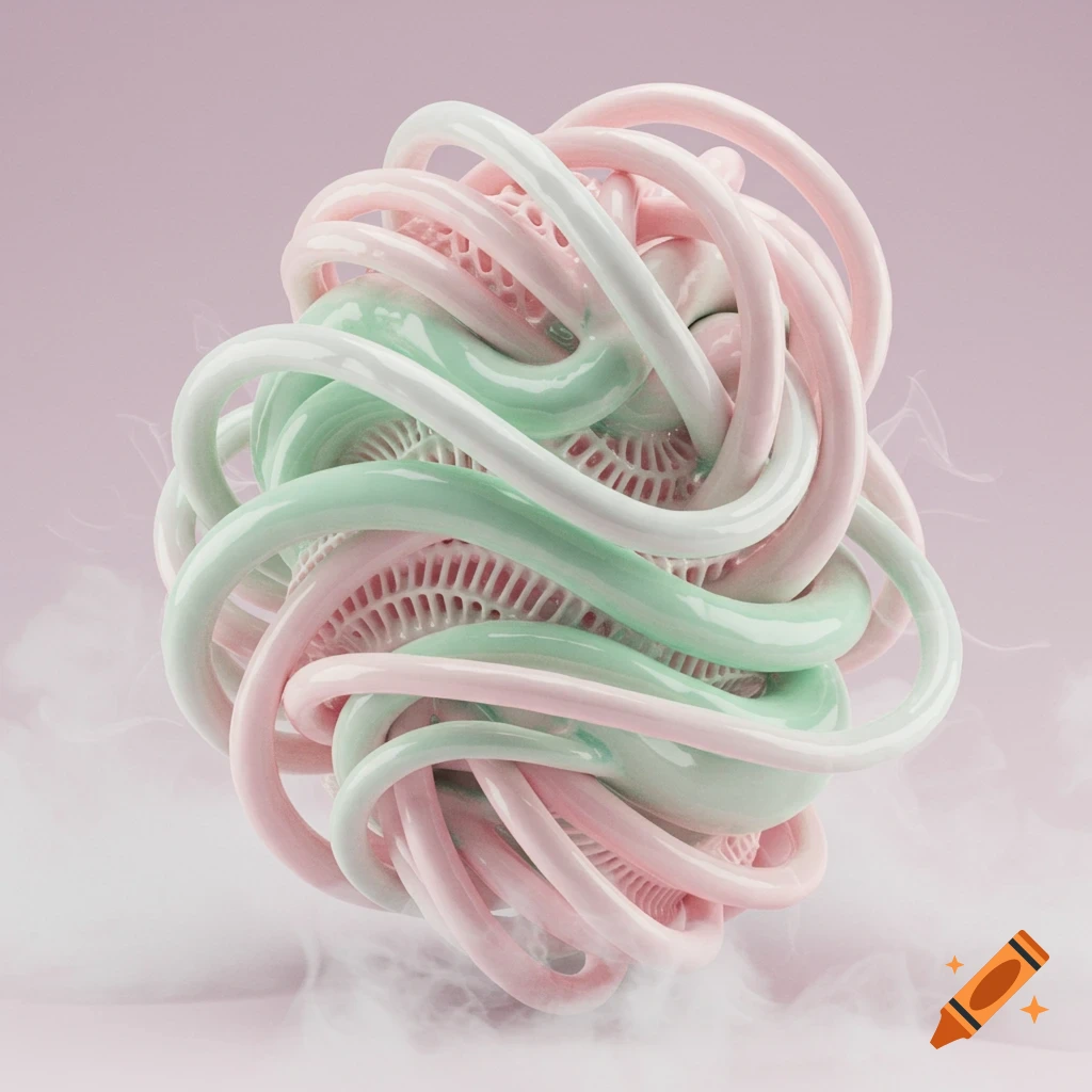 Photorealistic abstract sculpture of pastel pink and mint green interwoven organic tubes, with a misty base.
