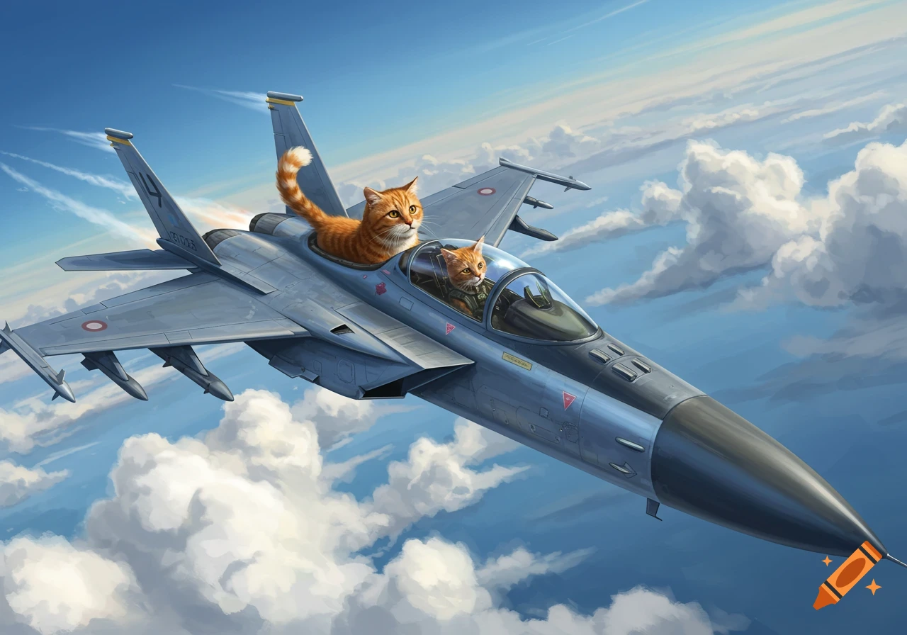 Two orange cats, one piloting and one riding in the back, fly a fighter jet through a cloudy blue sky in an illustrated style.