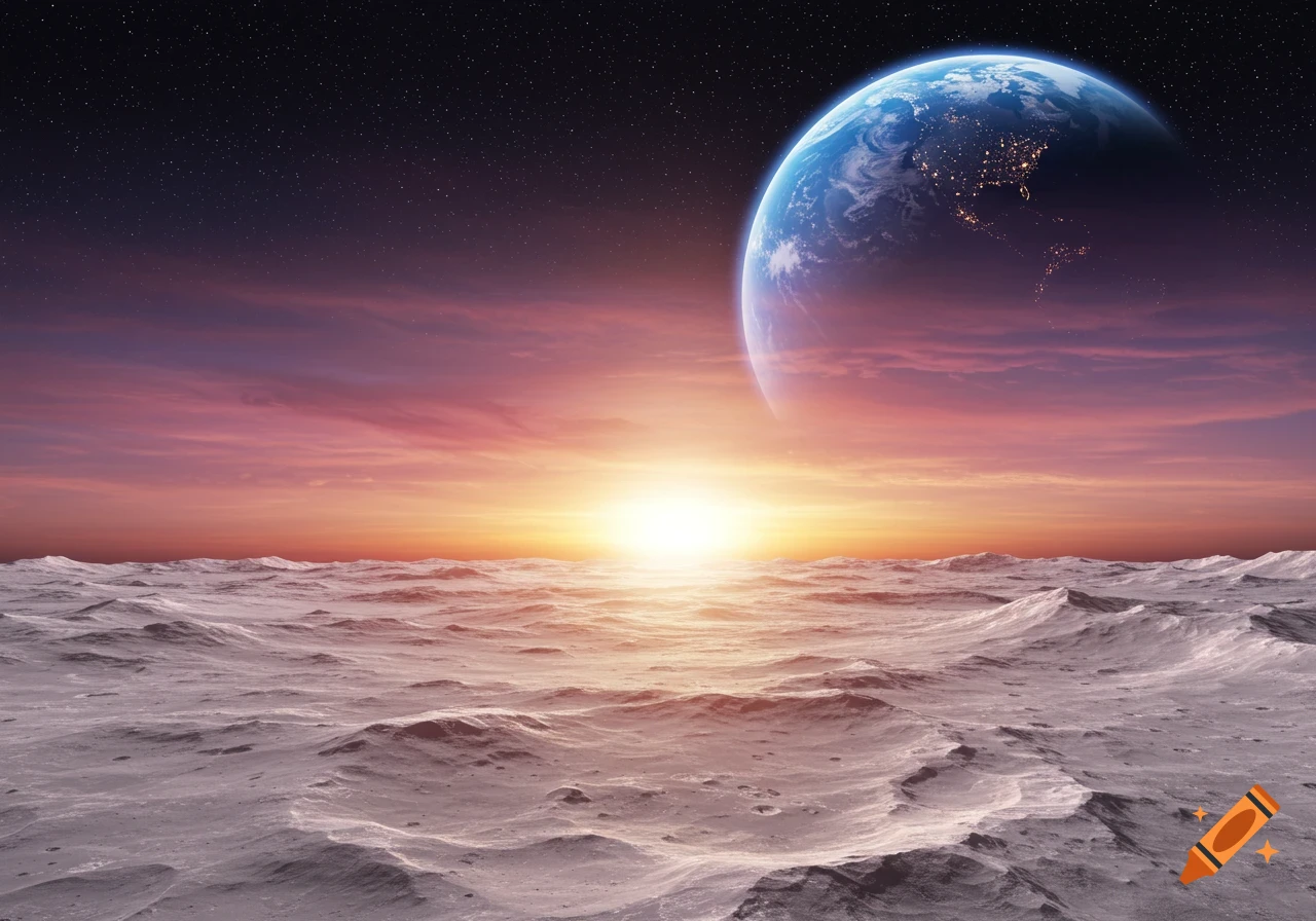 A photorealistic image of Earth rising above a cratered moon surface, with a bright sunset on the horizon and a starry sky.