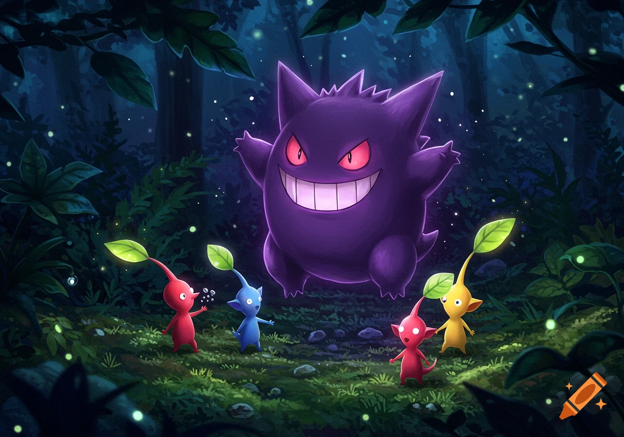 Gengar and four Pikmin characters stand in a dark, glowing forest at night, illustrative style.