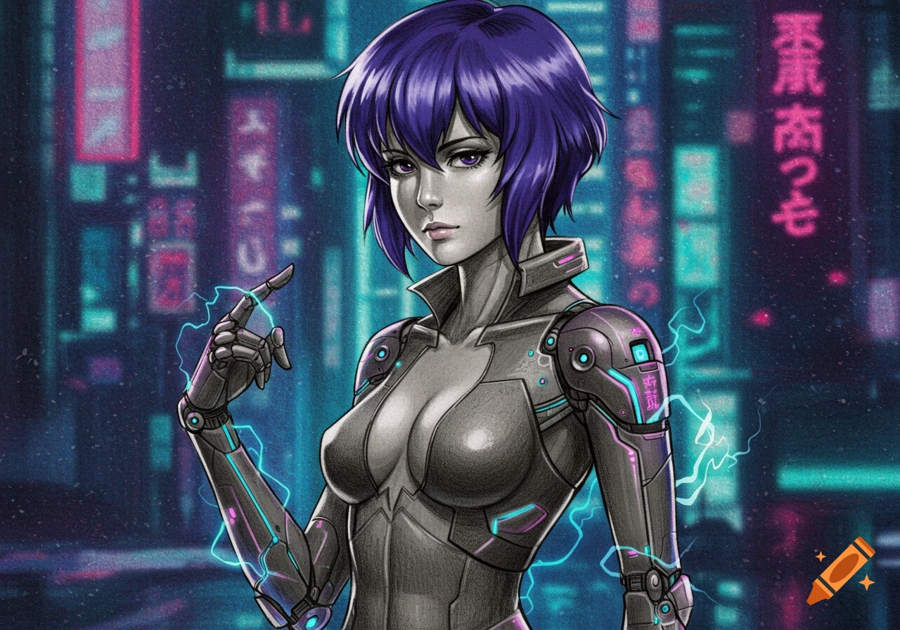 An illustration of Major Motoko Kusanagi with purple hair in a cybernetic suit, with glowing neon signs in a futuristic city background.
