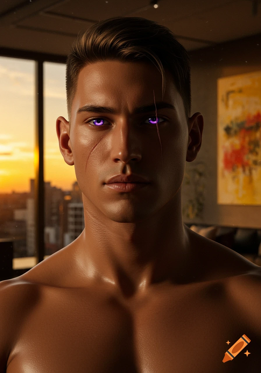 Photorealistic portrait of a tan man with glowing purple eyes and a scar, indoors with a sunset city view.