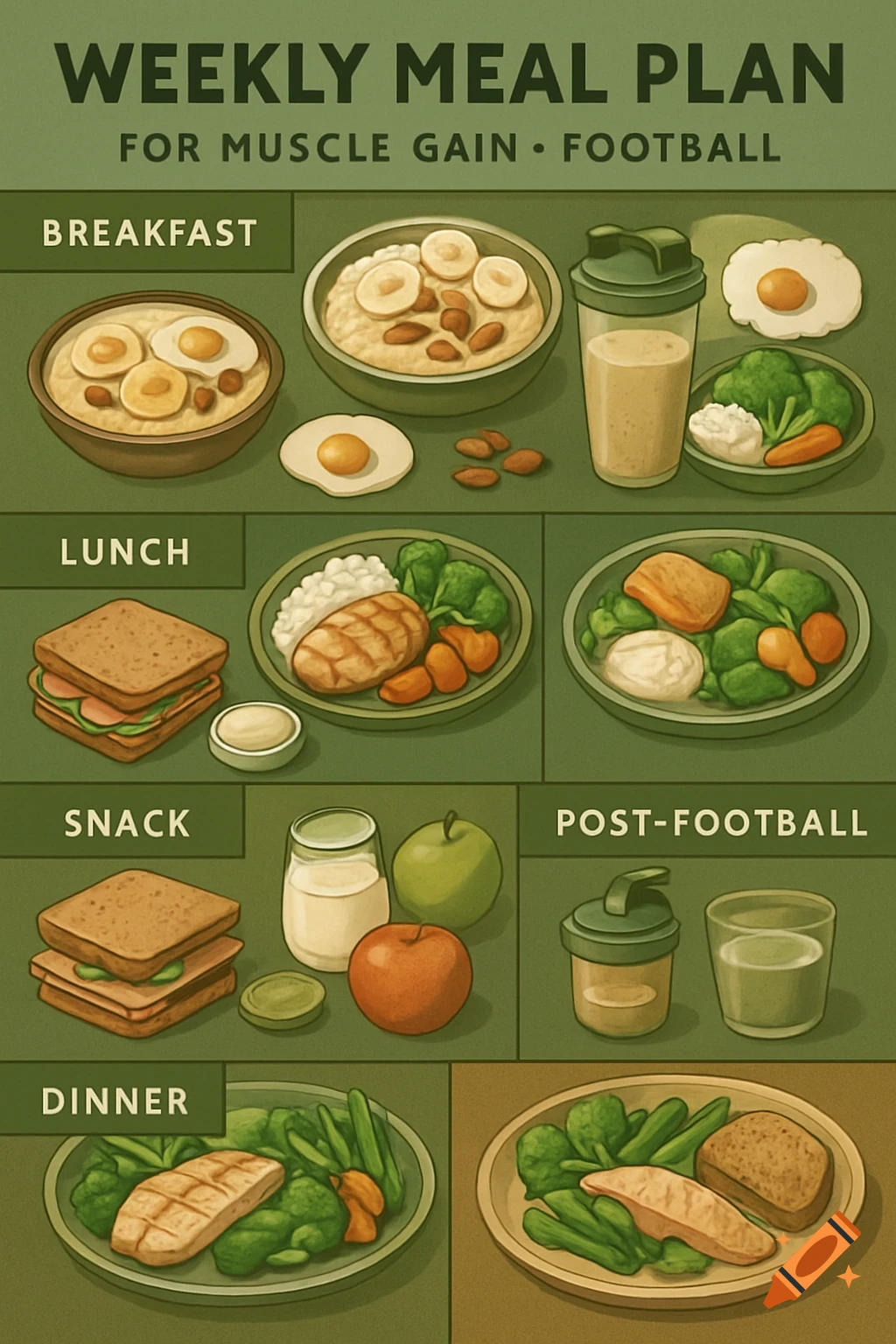 An illustrated weekly meal plan for muscle gain and football, featuring various food items like oatmeal, eggs, sandwiches, chicken, fish, vegetables, fruits, and protein shakes.