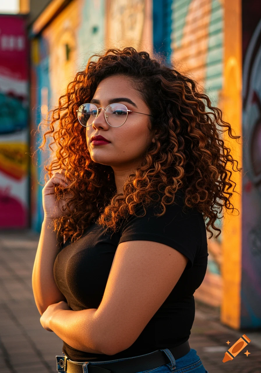 A young woman with curly hair and glasses, wearing a black t-shirt, stands in front of a colorful mural.