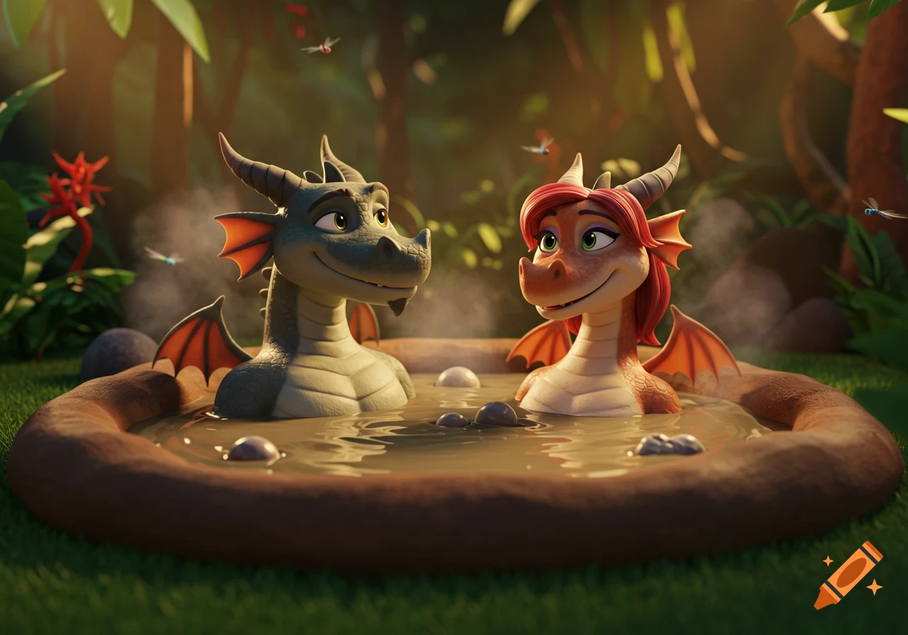 Two animated dragons, one green and one orange, smile at each other while relaxing in a steamy mud hot tub in a jungle.
