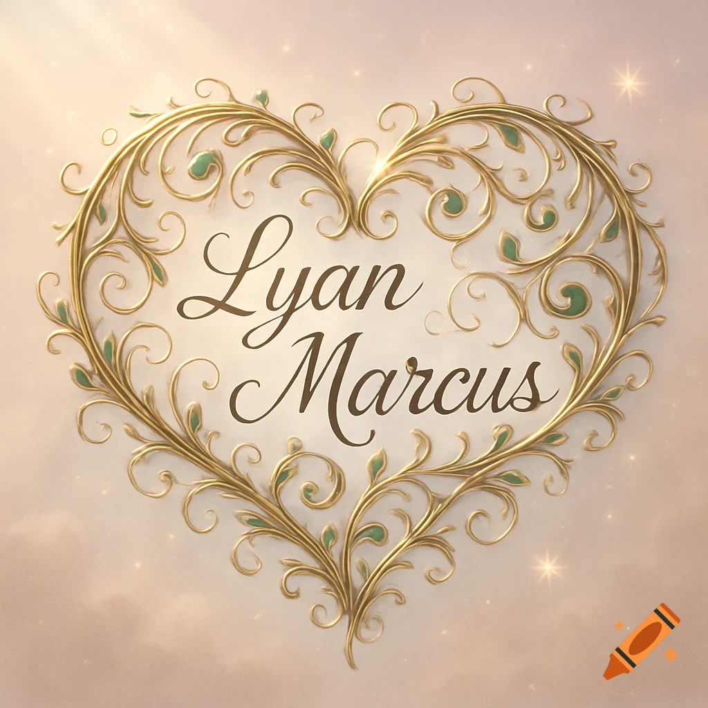 Ornate golden heart with green accents, featuring the names 'Lyan Marcus' in script, on a soft, glowing background.