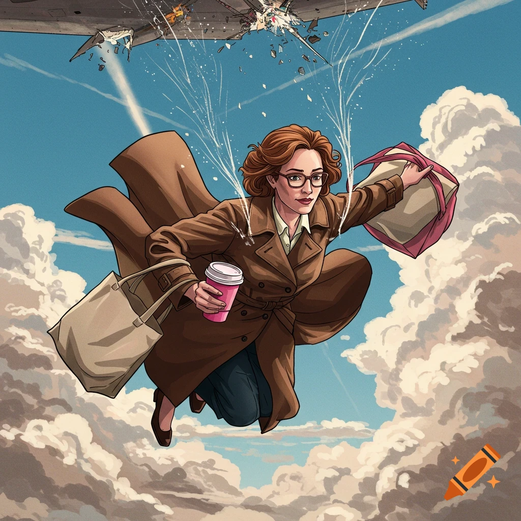A woman in a brown trench coat and glasses falls from a crashing plane, holding a pink coffee cup and a brown tote bag, in a comic art style.