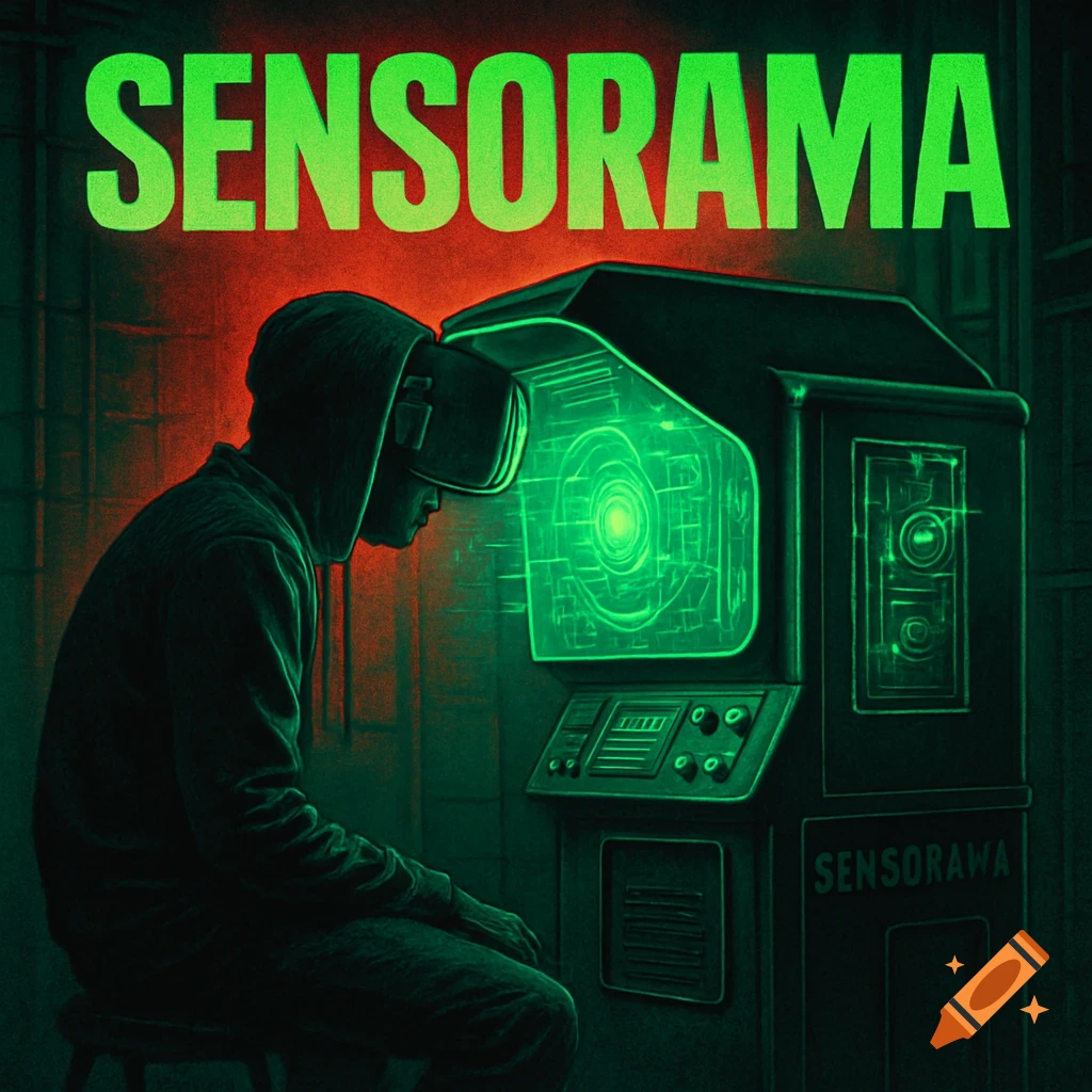 A person in a hoodie and VR headset sits in front of a retro-futuristic Sensorama machine with a glowing green screen, under a large green text that reads "SENSORAMA" against a red background.
