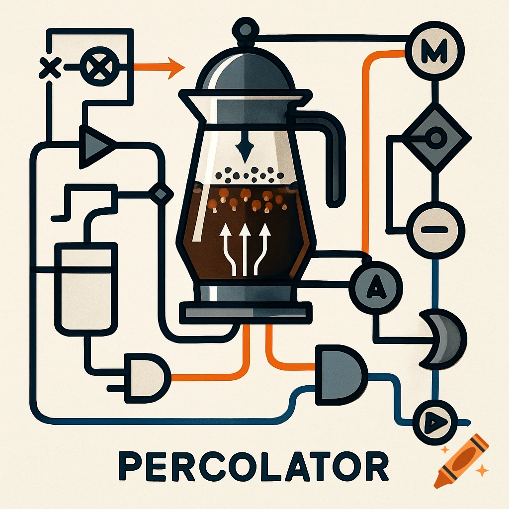Stylized technical diagram of a coffee percolator with internal arrows, flow lines, and the word 'PERCOLATOR'.