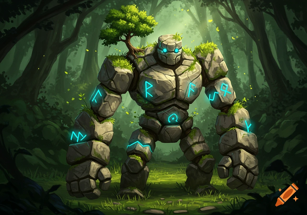 A powerful stone golem covered in moss and glowing blue magical runes stands in a lush, green forest with a small tree growing from its shoulder.