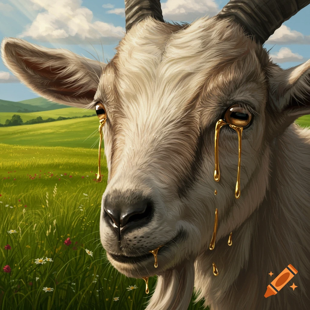 Close-up of a goat's face with golden tears streaming from its eyes, set in a sunny, green meadow.