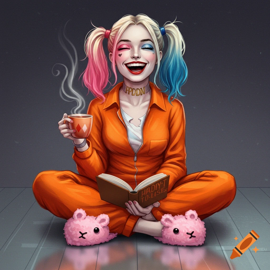 Stylized illustration of Harley Quinn sitting cross-legged in an orange jumpsuit, drinking tea and reading a book, wearing pink fuzzy slippers.