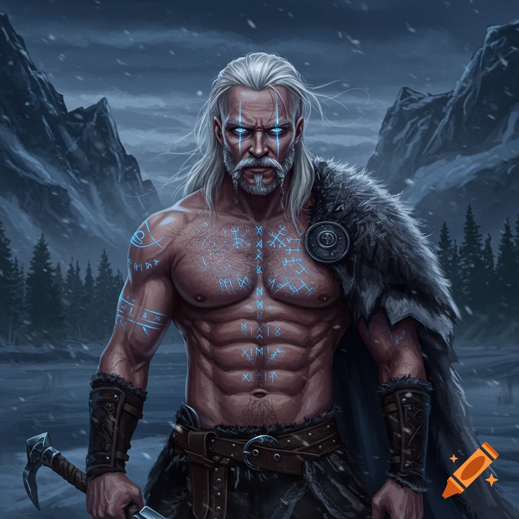 A muscular, white-haired man with glowing blue eyes and luminous runic tattoos stands in a snowy mountain landscape, holding an axe.