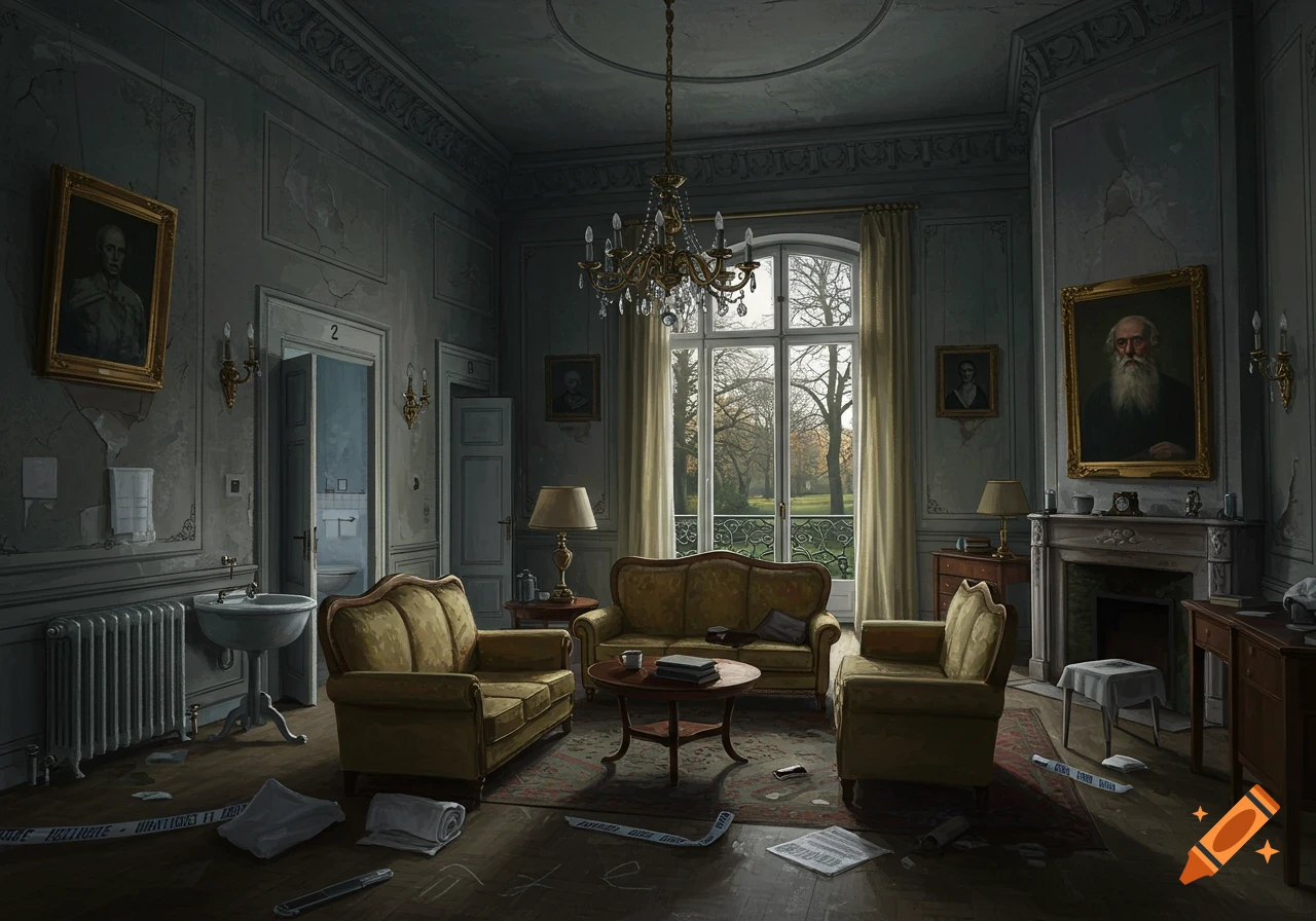 An old, dilapidated room, once opulent, now looks like a crime scene with scattered papers and chalk marks. Two armchairs and a sofa face a window looking out onto a park. A chandelier hangs from the ceiling, and portraits adorn the crumbling walls.