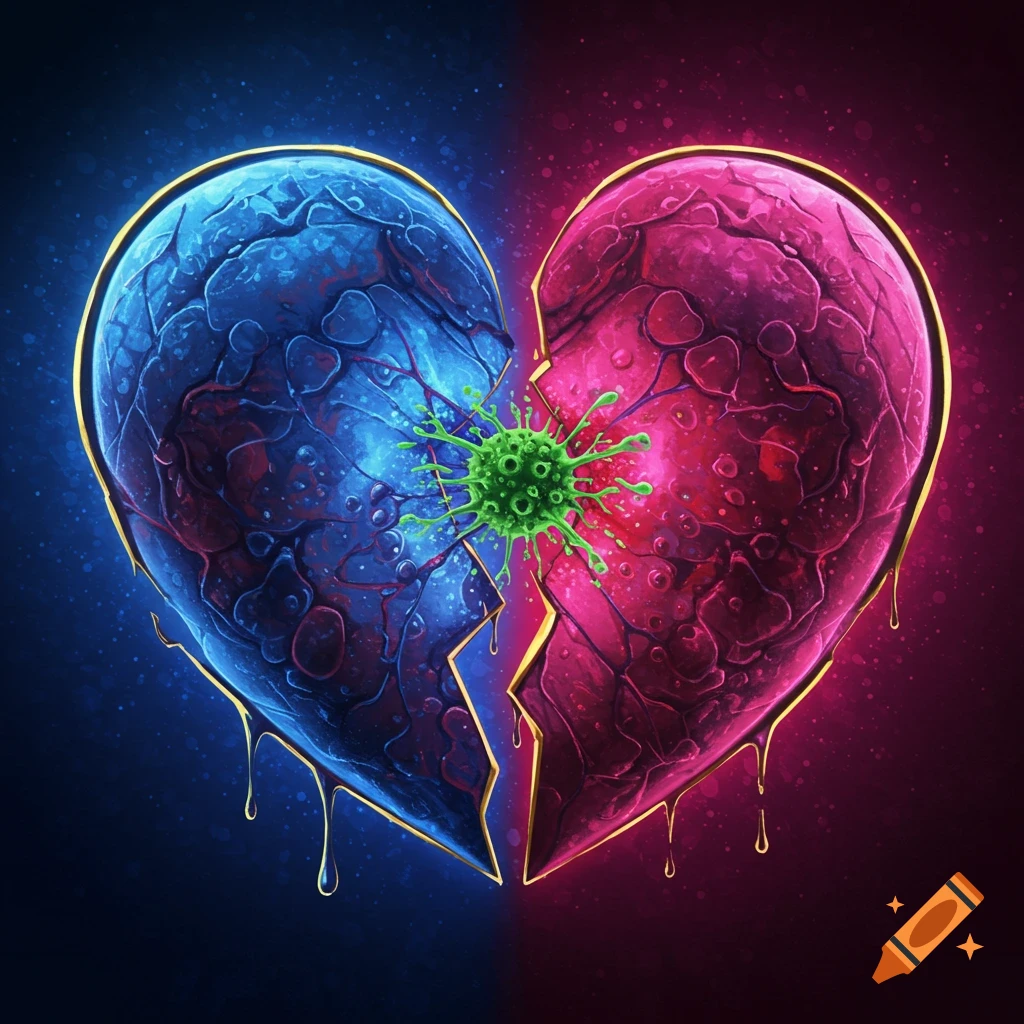 A stylized, cracked heart, half blue and half pink, with a green virus between the halves, dripping with gold-lined liquid.
