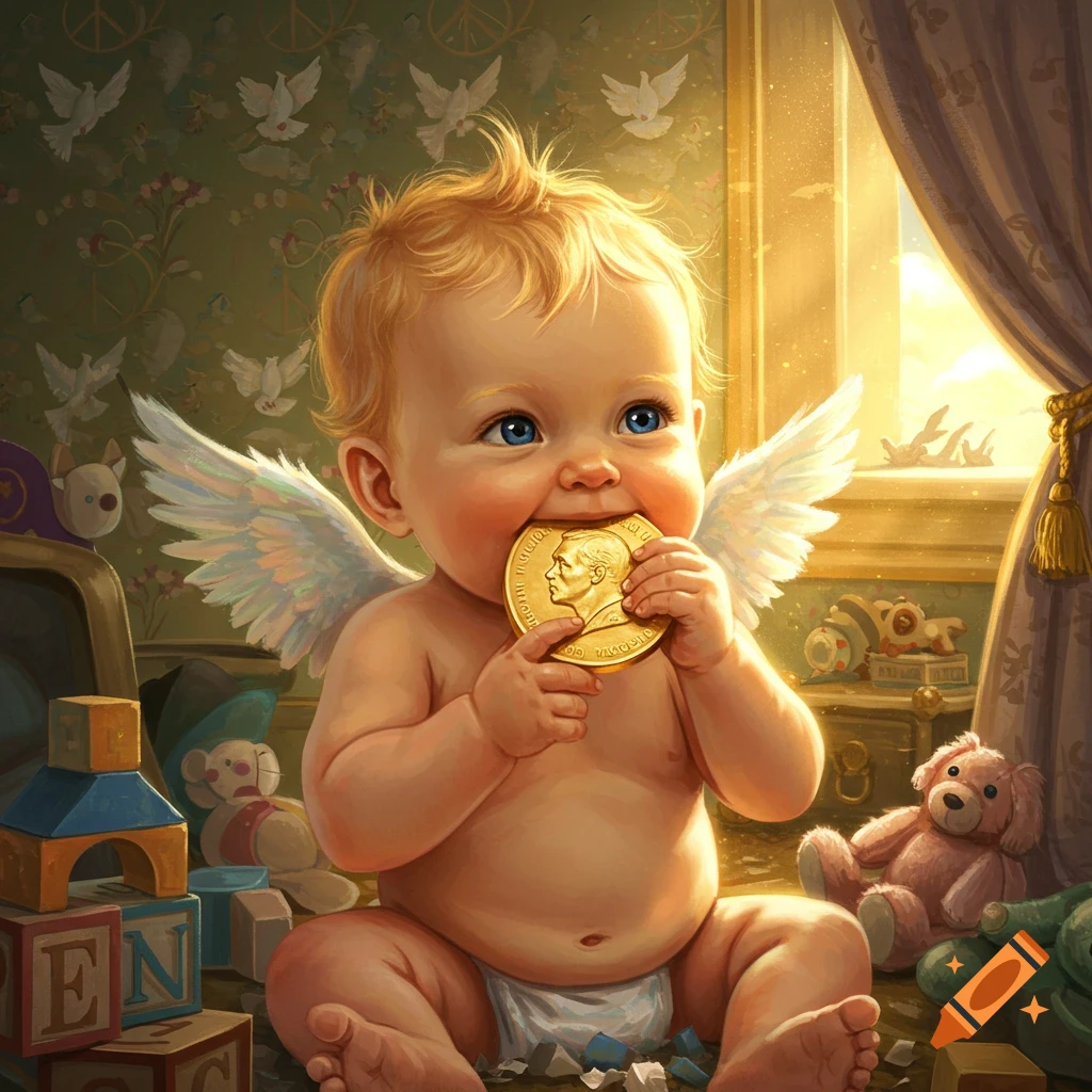 A cute baby with blond hair and blue eyes, wearing a diaper and small white wings, sits on the floor. The baby bites a gold medal featuring a profile of a man. Building blocks, a teddy bear, and a window with golden light are in the background.