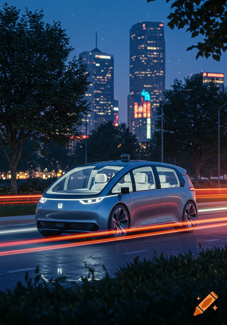 A sleek, silver autonomous car with glowing headlights drives at night on a city street, blurred red light trails beside it. Tall, illuminated skyscrapers are in the background.