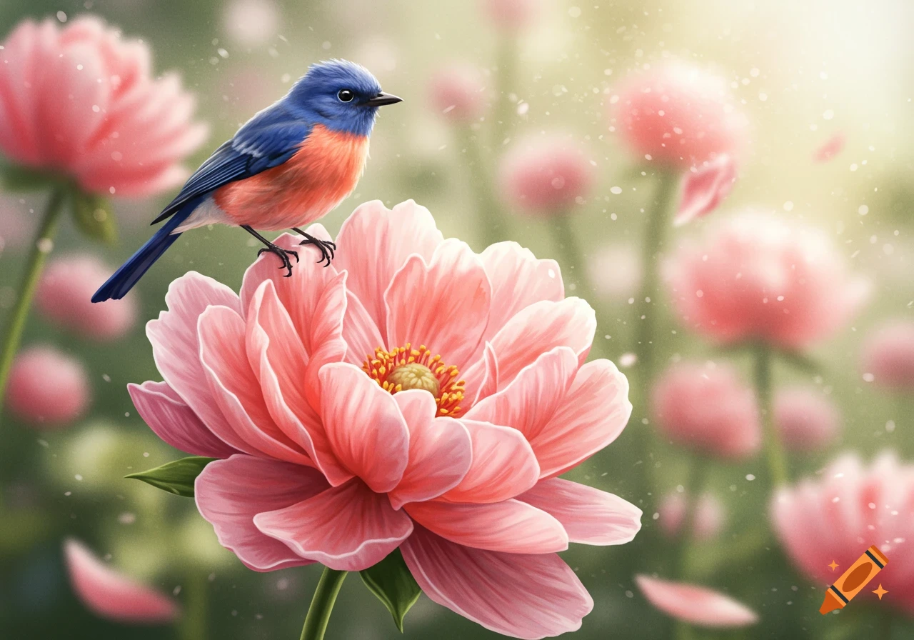Vibrant blue and orange bird perched on a large pink peony flower with a soft, blurry floral background.