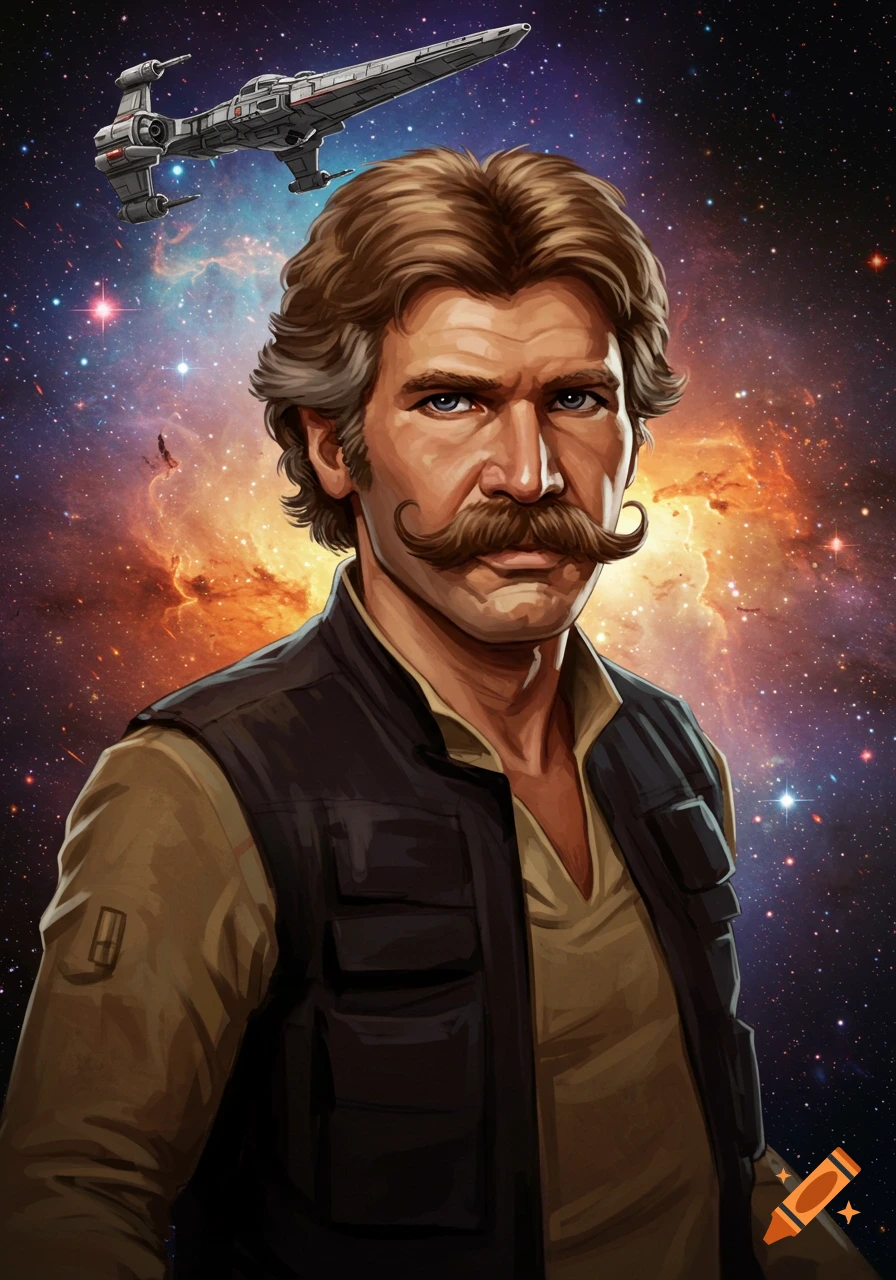 Illustration of a man resembling Han Solo with a prominent mustache against a space nebula and spaceship.