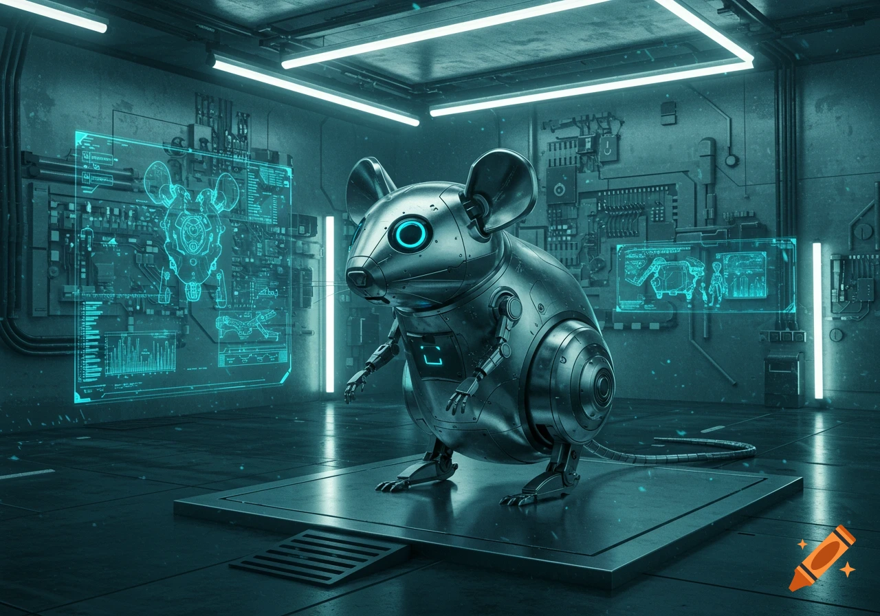 A detailed metallic robot mouse with glowing blue eyes stands on a platform in a futuristic lab with holographic screens.
