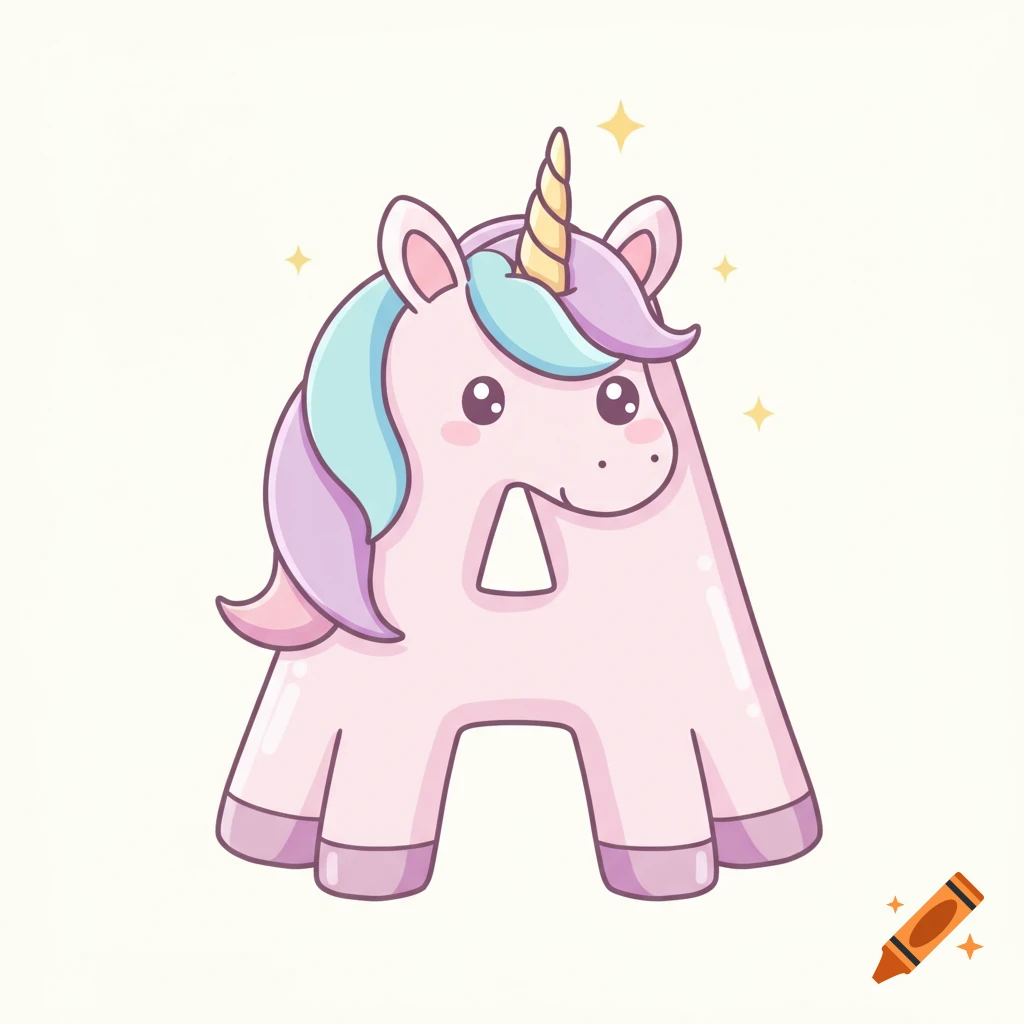 A cute, cartoon-style pink unicorn shaped like the letter A, with a pastel rainbow mane and a golden horn, on a light background.
