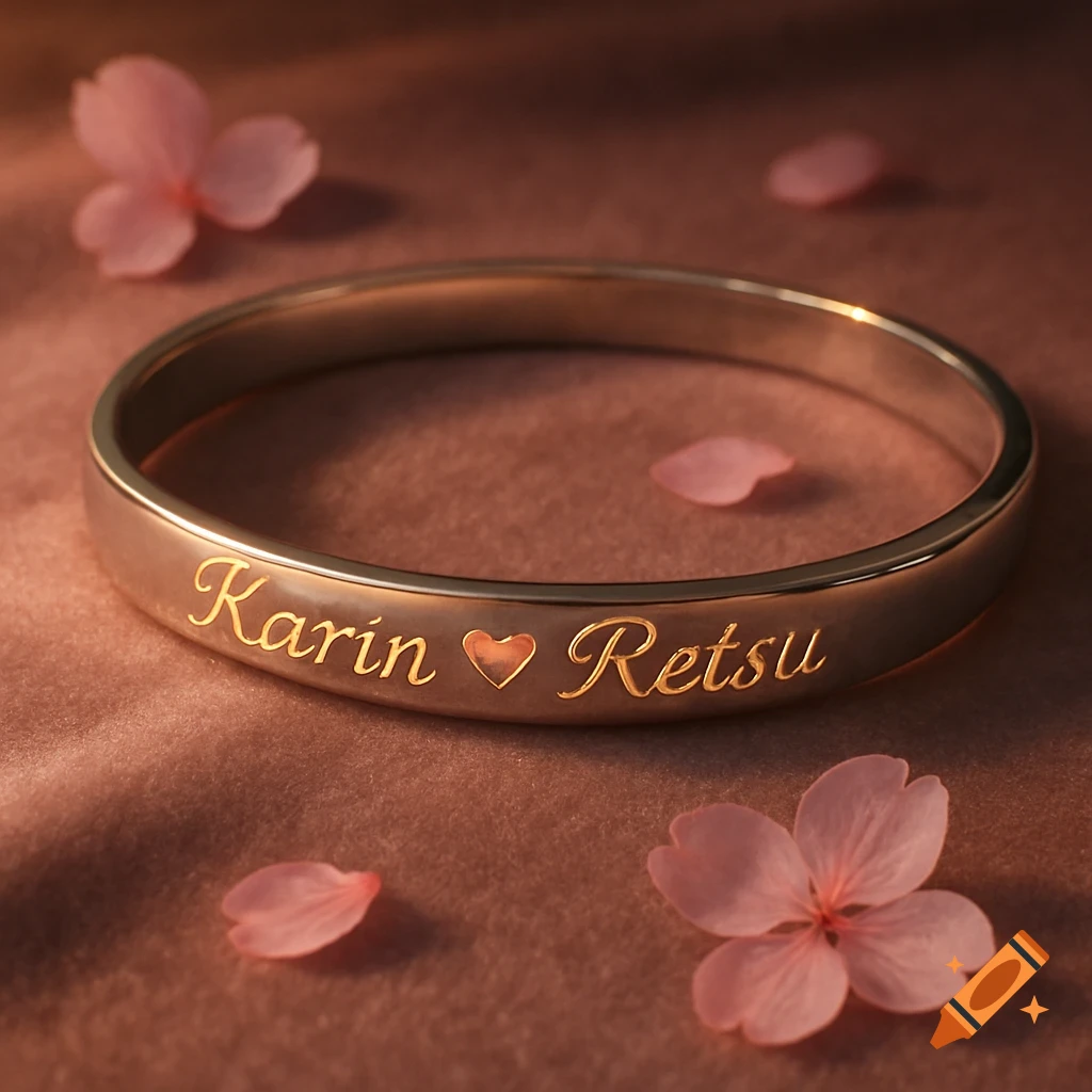 A golden bracelet engraved with 'Karin ♥ Retsu' and a heart, surrounded by pink cherry blossom petals on a soft brown surface.