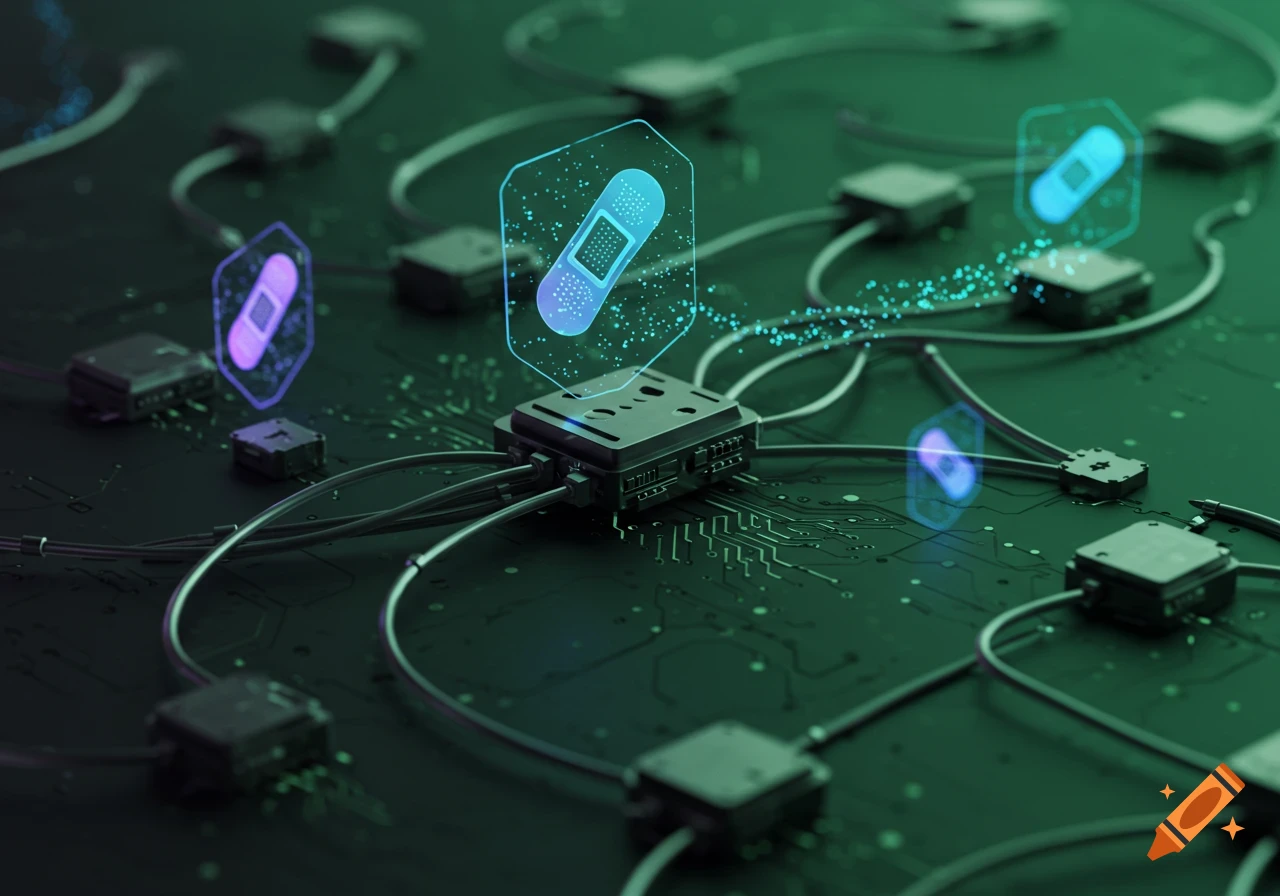 A close-up, high-angle view of a dark green circuit board with glowing blue and purple band-aid icons representing patches in an interconnected IT network.