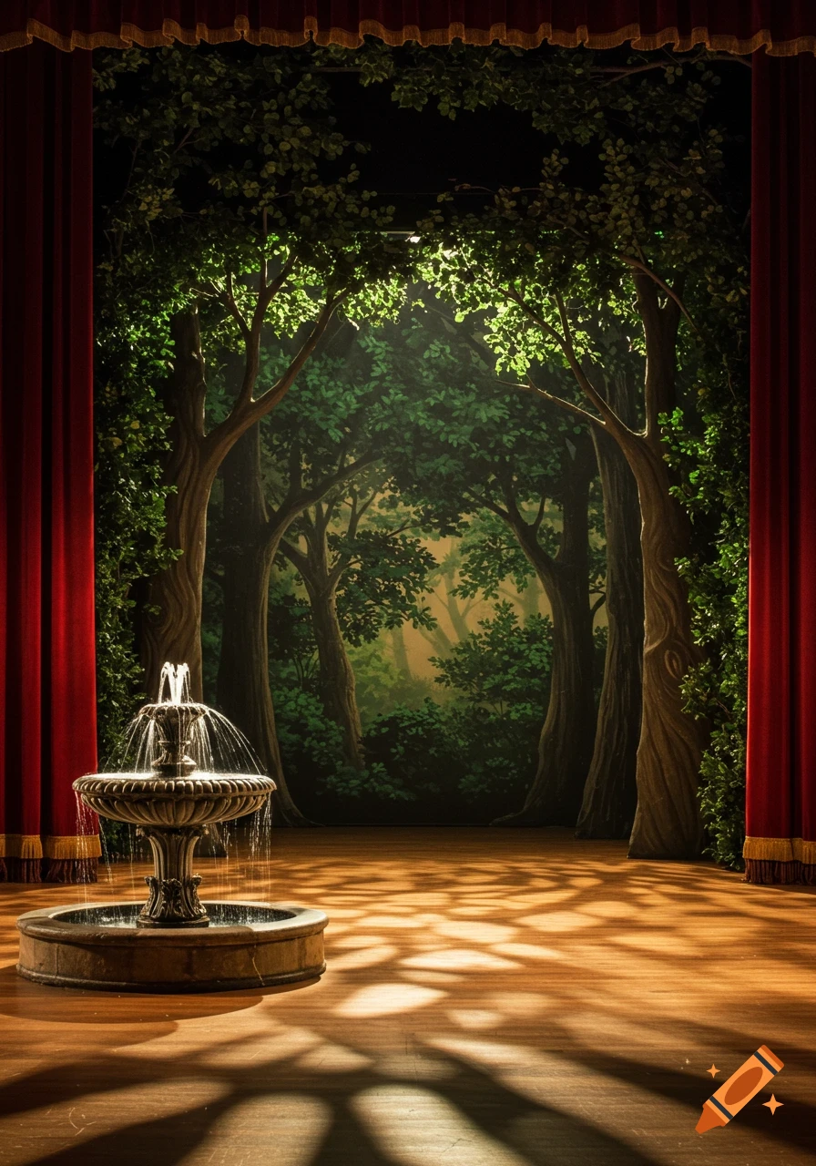 A vibrant theater stage with red curtains, a forest backdrop, and a stone fountain catching dappled sunlight on the wooden floor.