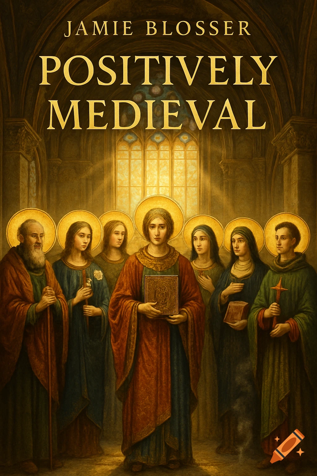 A classical painting of seven medieval saints with halos inside a cathedral. Book title "POSITIVELY MEDIEVAL" and author "JAMIE BLOSSER" are at the top.