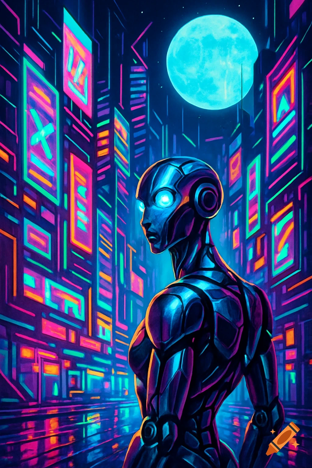 A robot stands facing left in a neon-lit cyberpunk city at night, under a large, glowing blue moon.