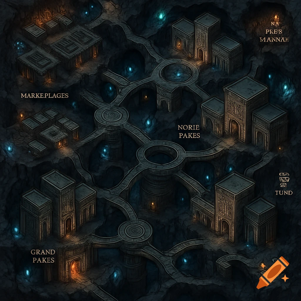 An isometric fantasy battle map of a dark underground dwarven city with interconnected paths, glowing blue crystals, and labeled districts.