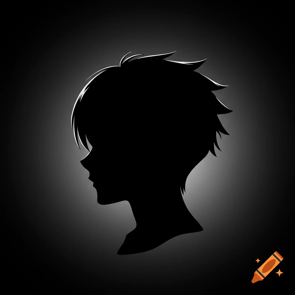 Black silhouette of an anime-style head in profile with spiky hair against a dark gray gradient background.