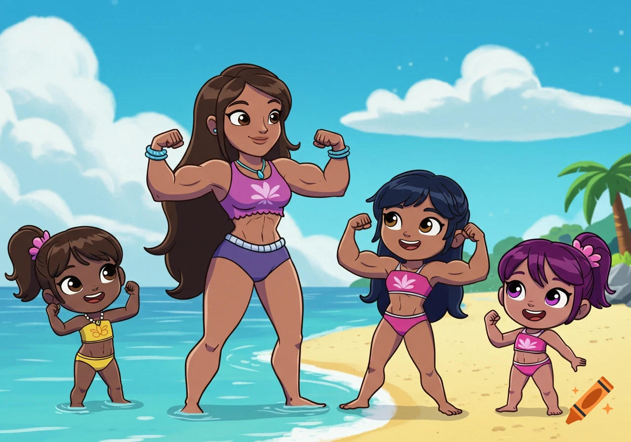 A cartoon mother with long brown hair and her three daughters, all with brown skin, flex their muscles on a sunny beach.