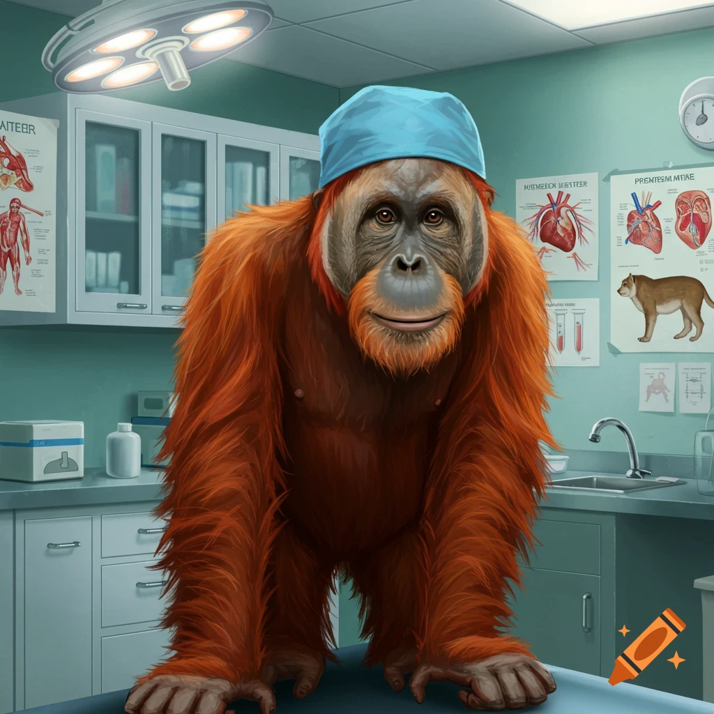 A smiling orangutan wearing a blue scrub cap stands on an examination table in a brightly lit doctor's office.
