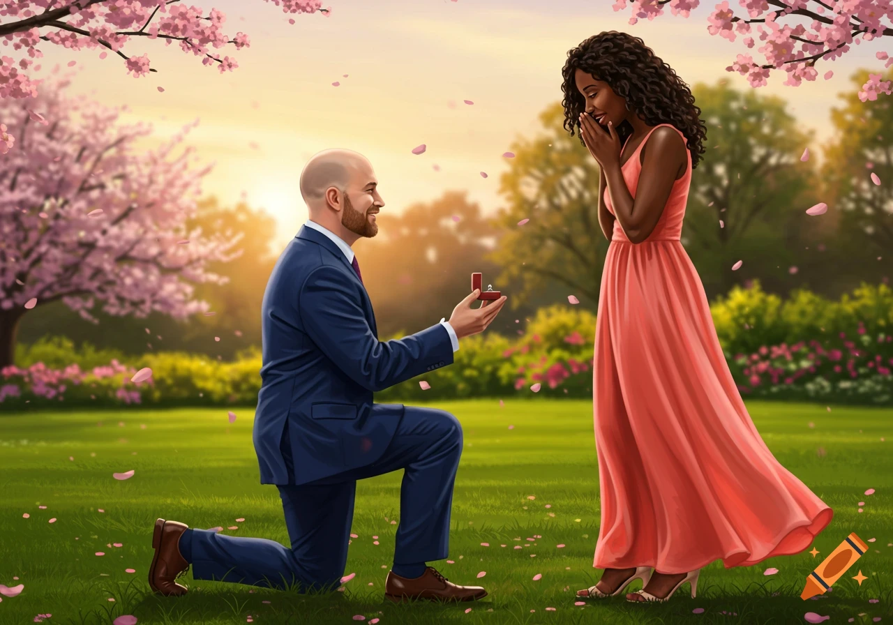 A bald bearded white man kneels, proposing with a ring to a beautiful black woman in a pink dress, in a park with cherry blossoms.