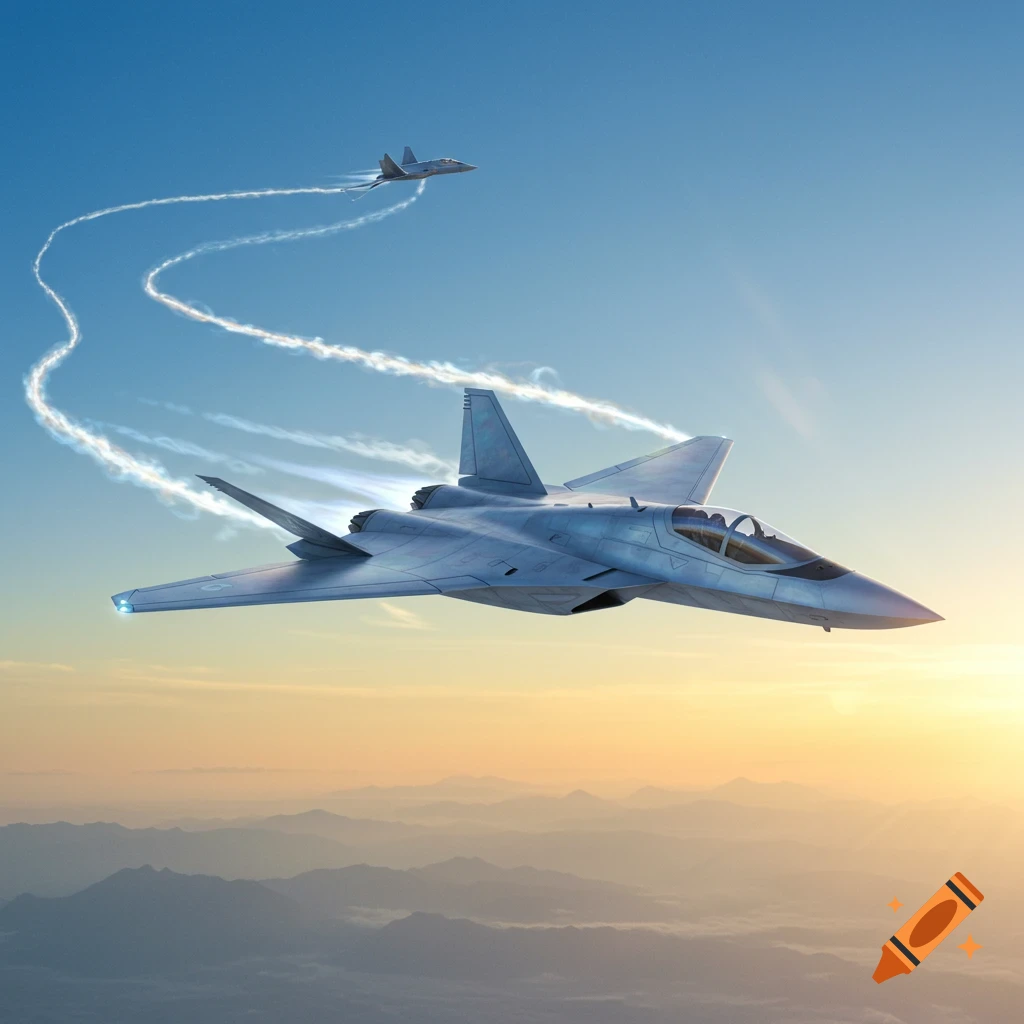Two futuristic fighter jets with glowing plasma exhaust trails soar above mountains at sunset, photorealistic.