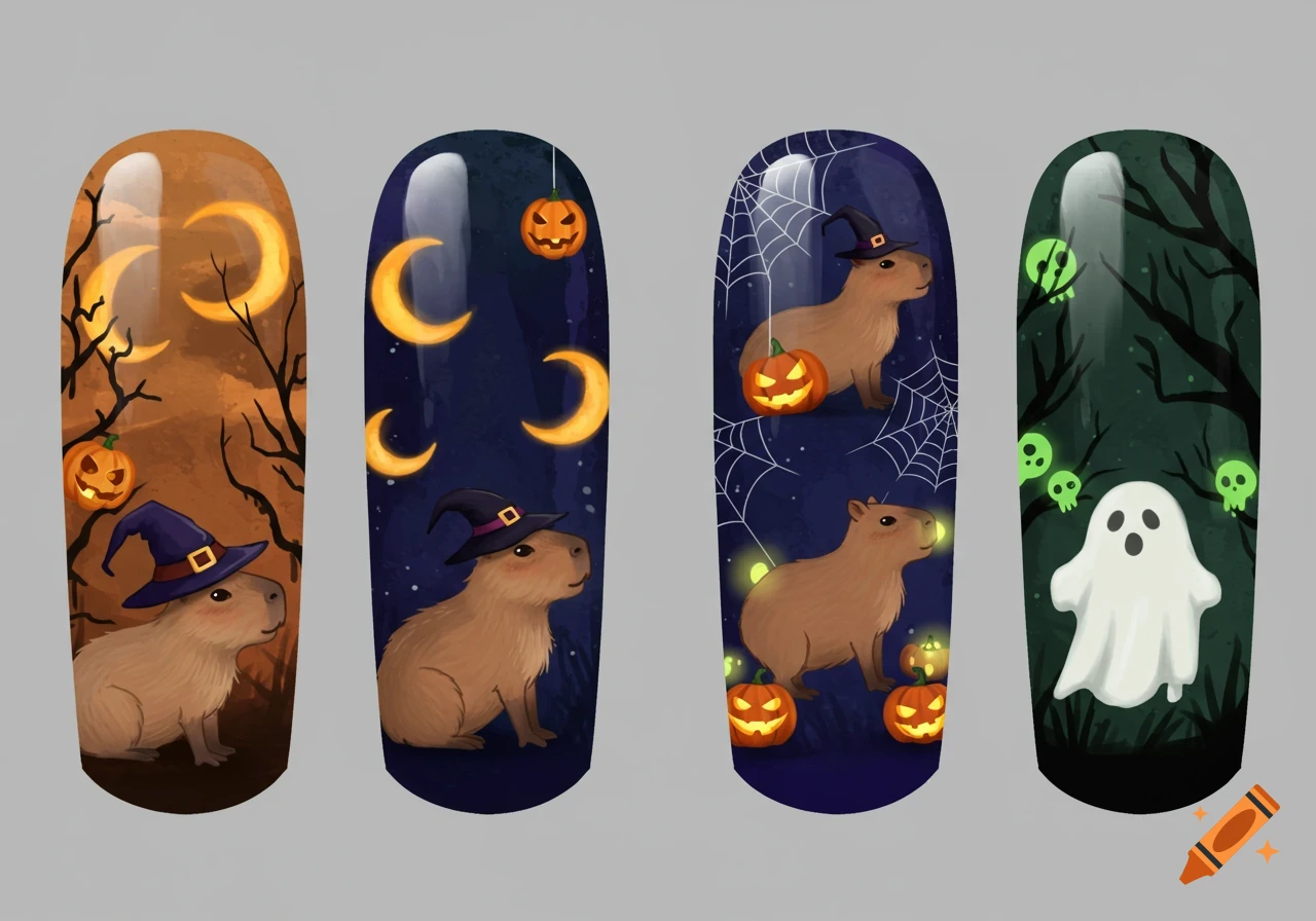 Four Halloween nail designs featuring cute capybaras in witch hats with pumpkins, moons, spiderwebs, and a ghost on spooky backgrounds.