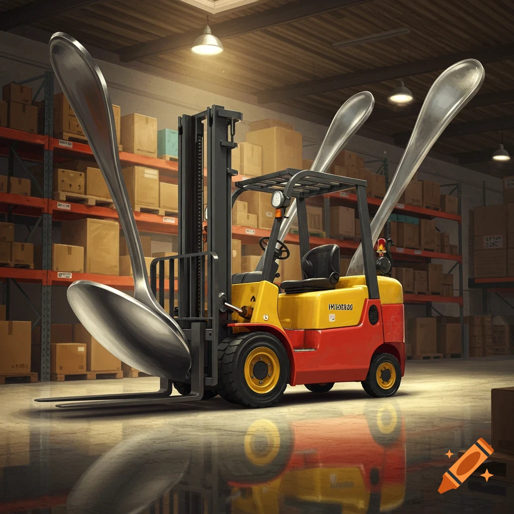 A red and yellow forklift with two giant silver spoons instead of forks, standing in a warehouse with stacked boxes, photorealistic style.