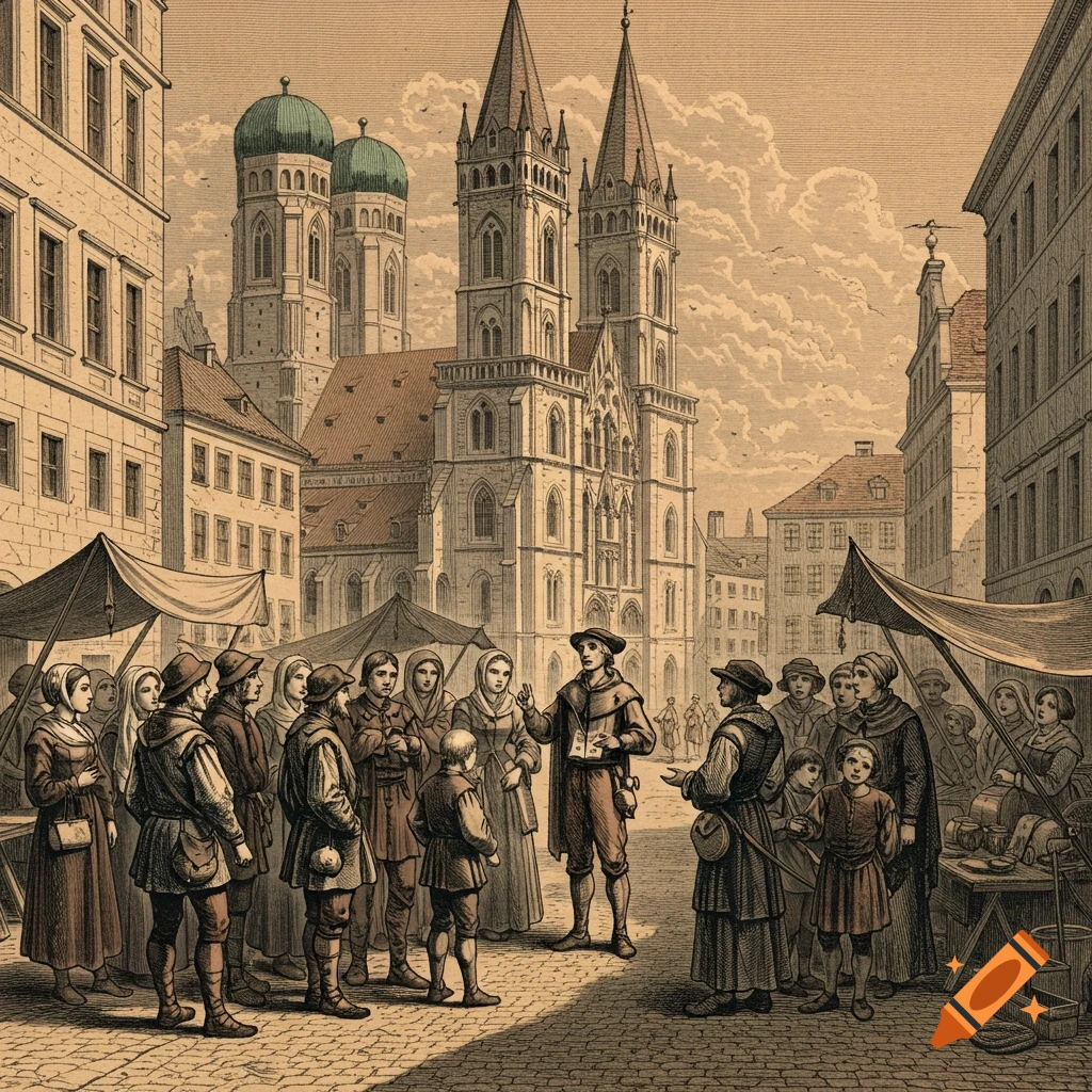 A group of people listens to a city guide on a medieval street in front of a grand church, depicted in a copper engraving style.