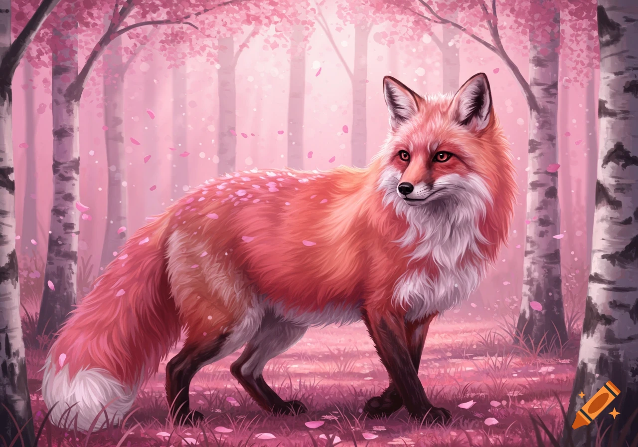 A vibrant pink fox stands in a mystical pink forest with falling cherry blossoms, digitally painted.