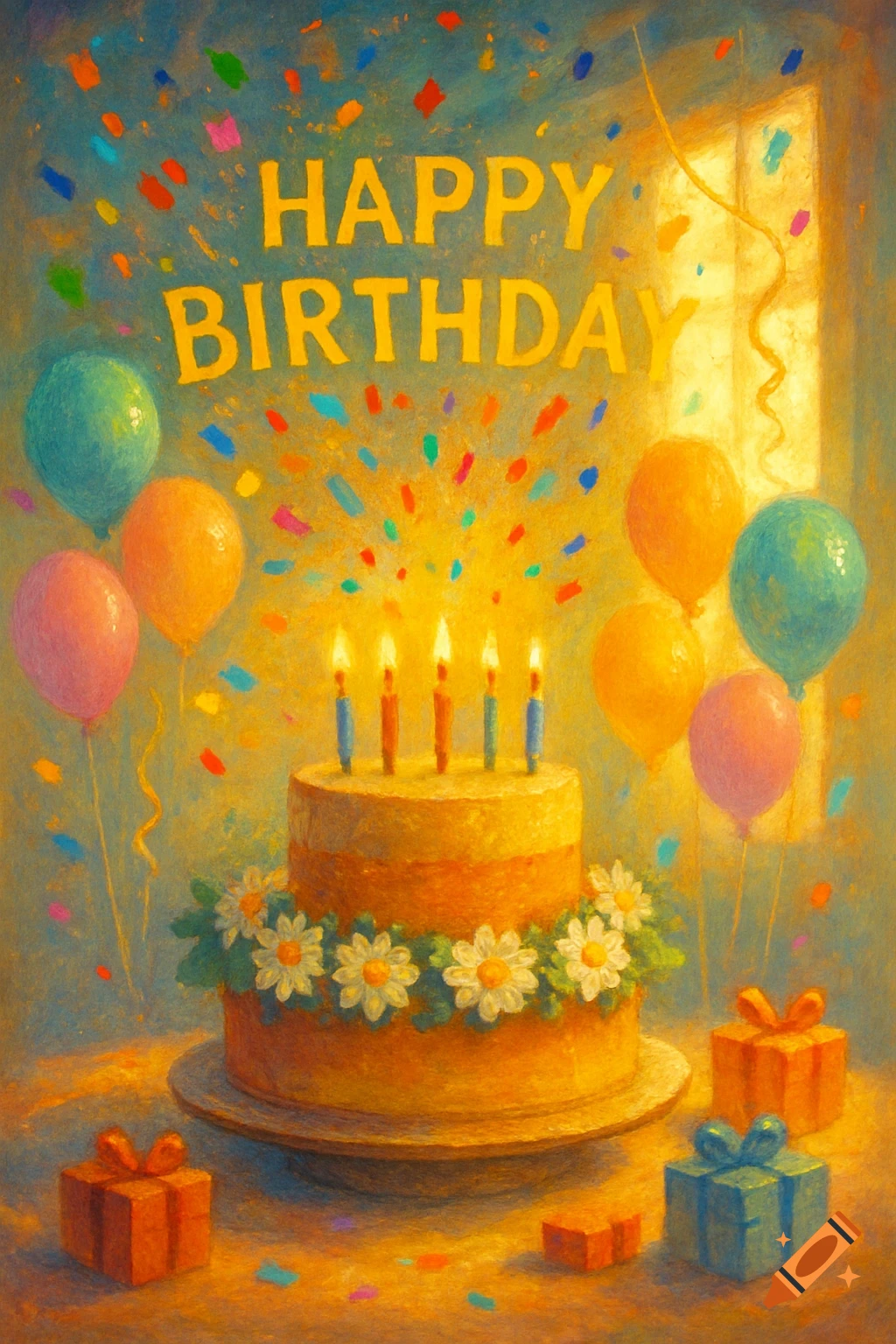 Painterly 'HAPPY BIRTHDAY' scene with a cake, lit candles, colorful balloons, presents, and confetti.