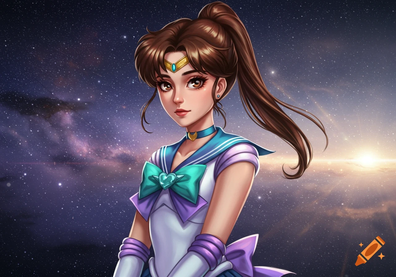 An anime character with brown hair in a ponytail, wearing a teal and light purple Sailor Moon-style uniform against a starry night sky with a sunrise on the horizon.