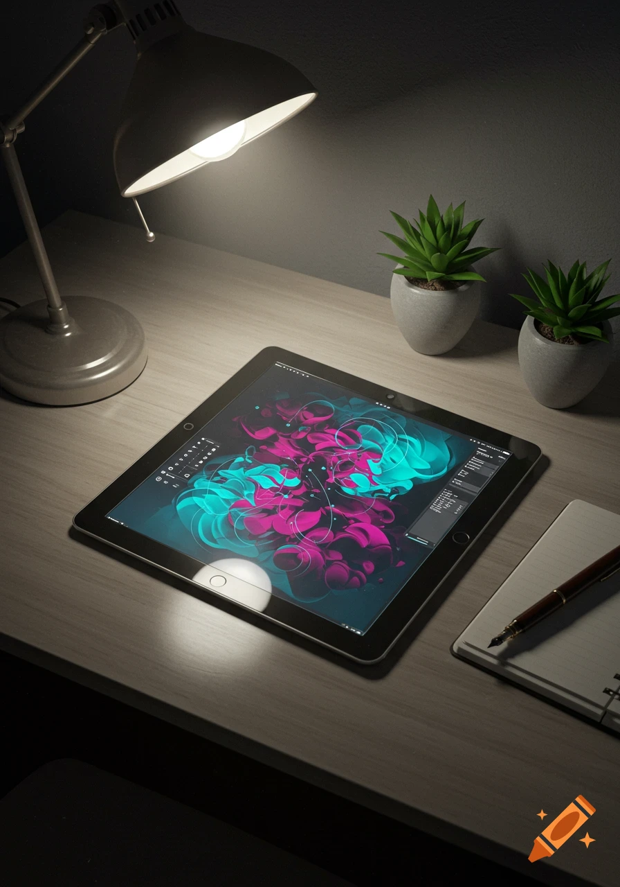 A well-lit desk with an iPad displaying abstract art, a silver lamp, two potted plants, and a notebook with a pen.