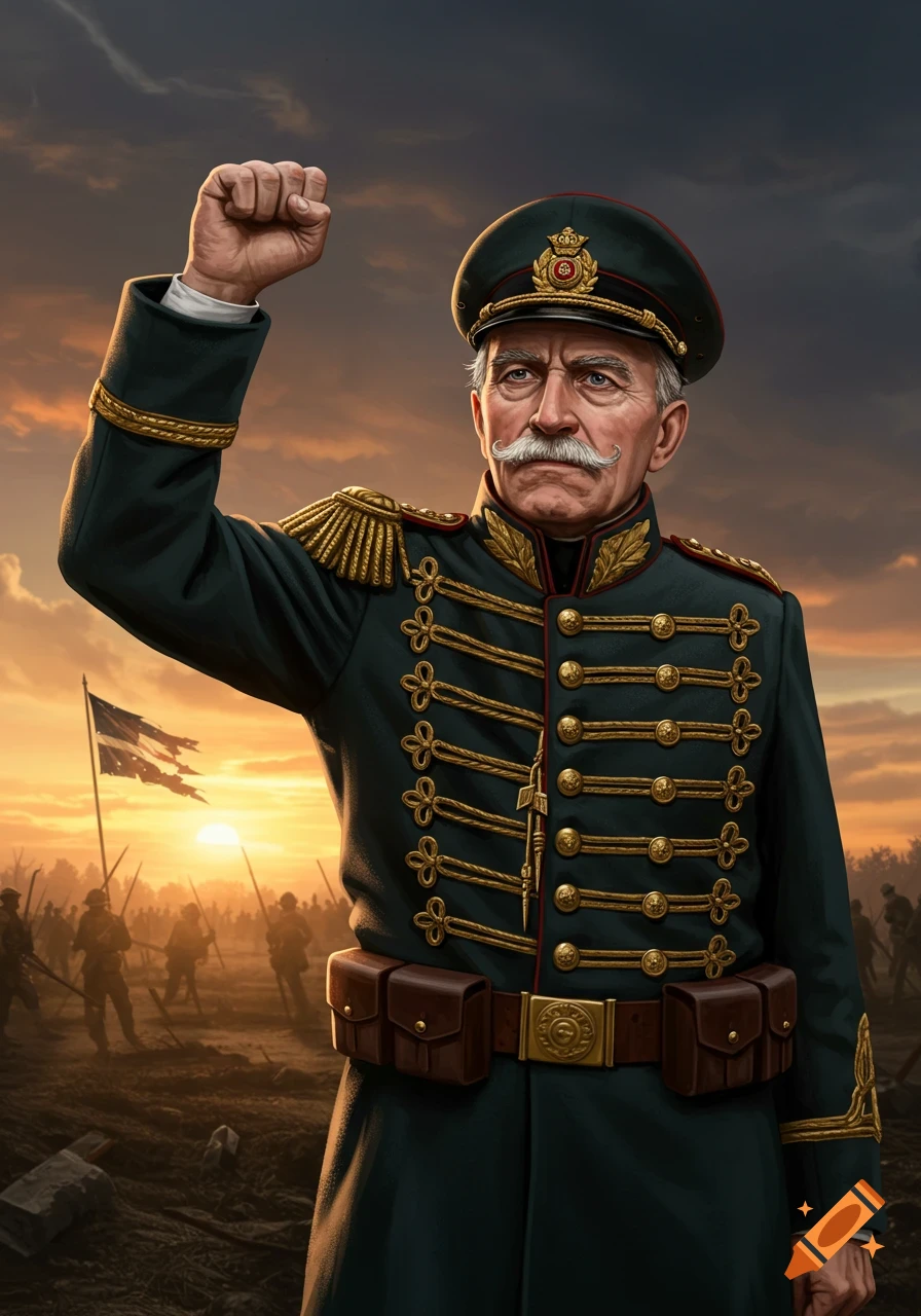 A stern old general in a dark military uniform with gold trim raises his fist on a war-torn battlefield at sunset.